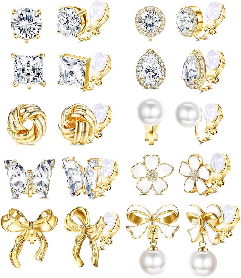 Drperfect Clip on Earrings Women, Gold Clip on Earrings for Women, Clip Earrings for Women, Women's Clip-on Earrings Dangle Pearl Bow Flower Butterfly Cubic Zirconia Non Pierced Earrings Clip on Stud No Piercing Earrings Clip in Earrings - Image 1